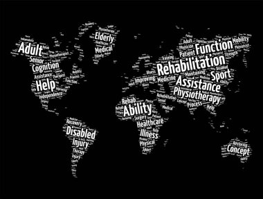 Rehabilitasyon - günlük yaşam için ihtiyacınız olan yetenekleri geri almanıza, korumanıza ya da geliştirmenize yardımcı olabilecek bakım, dünya haritası biçiminde kelime bulutu