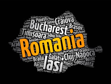 Romanya 'daki şehir ve kasabaların listesi, harita kelime kolajı, iş ve seyahat kavramı geçmişi