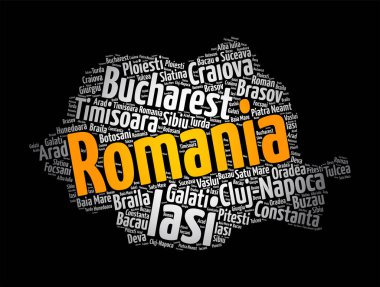 List of cities and towns in Romania, map word cloud collage, business and travel concept background clipart