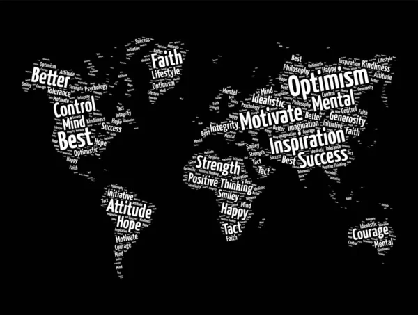 Otimismo Nuvem Palavras Forma Mapa Mundo Fundo Conceito — Vetor de Stock