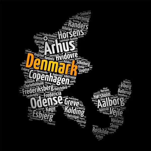丹麦城镇列表 地图词云拼贴 商业和旅游概念背景 — 图库矢量图片