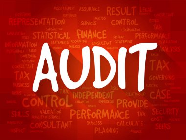 AUDIT - official inspection of an organization's accounts, typically by an independent body, word cloud business concept background