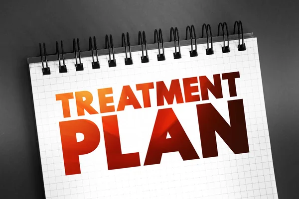 治療計画 患者の疾患に関する情報を含む詳細な計画 病気の治療オプションと可能な副作用 ノートパッド上のテキストコンセプト — ストック写真