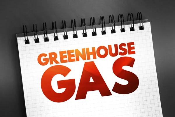Greenhouse gas is a gas that absorbs and emits radiant energy within the thermal infrared range, causing the greenhouse effect, text on notepad, concept background