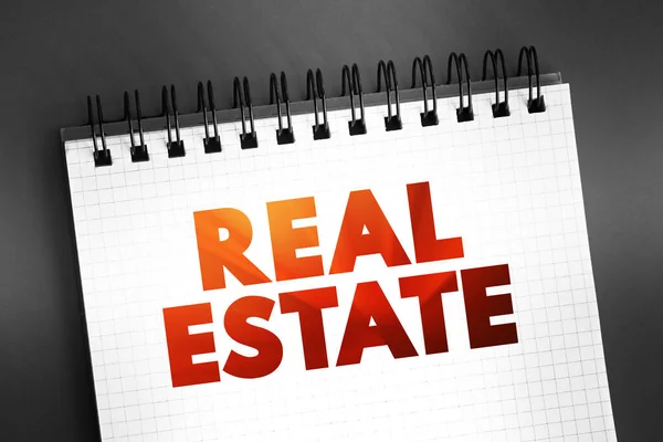 Real estate - form of real property, land along with any permanent improvements attached to the land, including water, trees, minerals, buildings, homes, fences, and bridges, text concept on notepad
