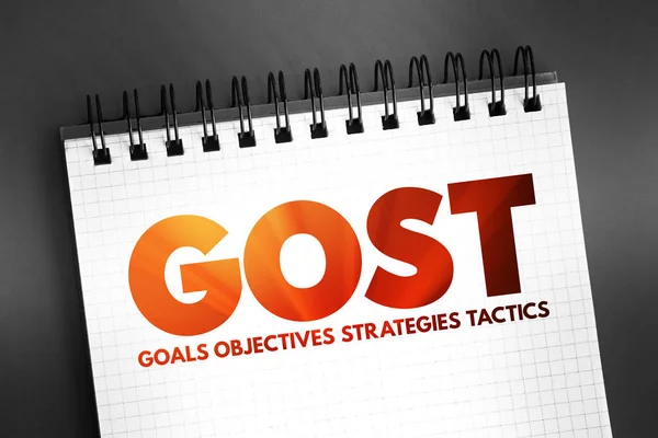 GOST (Goals, Objectives, Strategies, Tactics) marketing planning framework used to create corporate marketing plans, acronym concept on notepad
