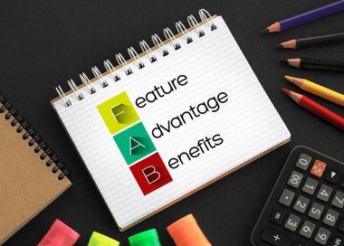 FAB - Özellik Avantajı Not defterinde kısaltma, iş konsepti geçmişi