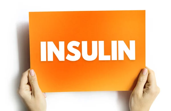 Insulin is a peptide hormone produced by beta cells of the pancreatic islets encoded in humans by the INS gene, text concept on card