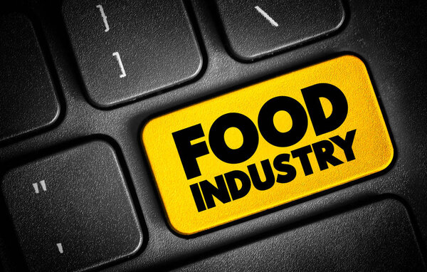 Кнопка текста пищевой промышленности на клавиатуре, концепция фона