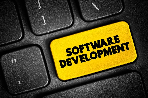 소프트웨어 소프트웨어를 만들고 설계하고 지원하는 과정에 전념하는 컴퓨터 키보드에 텍스트 — 스톡 사진