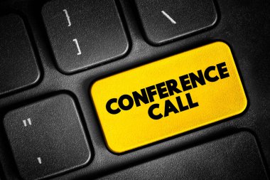 Conference Call - telephone call in which someone talks to 4 or more people at the same time, text concept button on keyboard