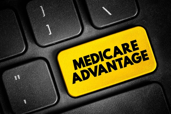 Medicare Advantage - type of health insurance plan that provides Medicare benefits through a private-sector health insurer, text concept button on keyboard