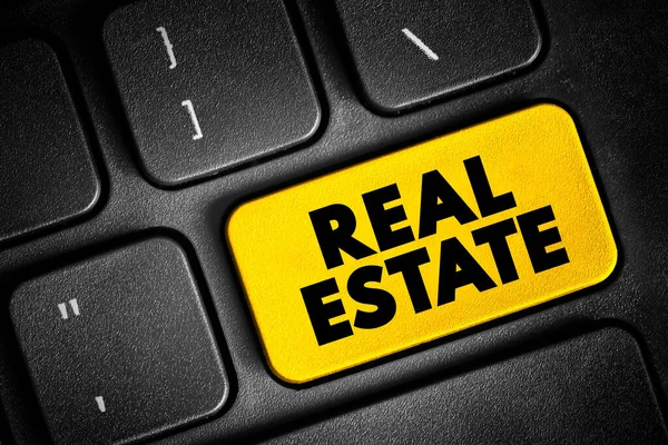 Real estate - form of real property, land along with any permanent improvements attached to the land, including water, trees, minerals, buildings, homes, fences, and bridges, text button on keyboard