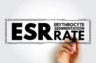 ESR Eritrosit Sedimentasyon Oranı - kan örneği, kısaltma metni konsepti içeren bir test tüpünün dibindeki eritrositlerin ne kadar hızlı yerleştiğini ölçen kan testi türü