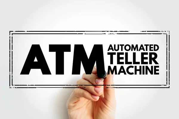 stock image ATM Automated Teller Machine - electronic banking outlets that allow people to complete transactions without going into a bank, acronym text concept stamp