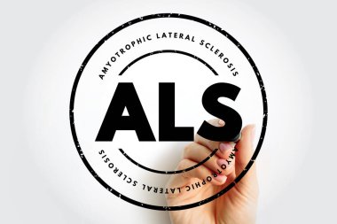 ALS Amyotrophic Lateral Sclerosis - progressive nervous system disease that affects nerve cells in the brain and spinal cord, acronym text stamp concept background