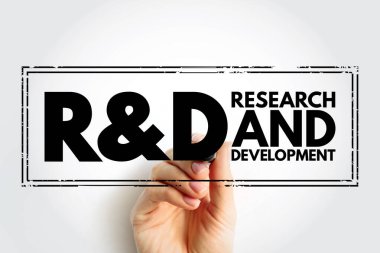 R and D - Research and Development is activities that companies undertake to innovate and introduce new products and services, acronym text concept stamp