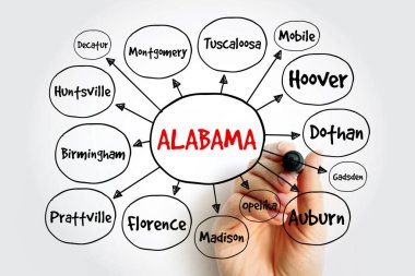 Alabama 'daki şehirlerin listesi ABD devlet zihin haritası, sunum ve raporlar konsepti