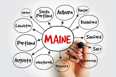 Maine USA devlet zihin haritasındaki şehir ve kasabaların listesi, sunum ve raporlar konsepti
