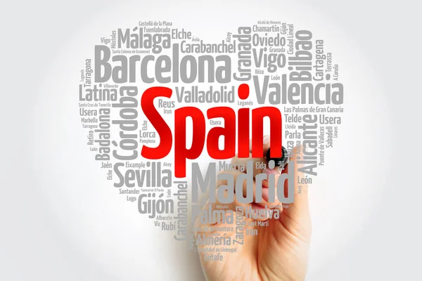 Seznam Měst Španělsku Složených Milostného Znamení Tvaru Srdce Slovní Oblačnosti — Stock fotografie