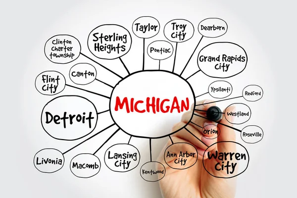 Michigan Daki Şehirlerin Listesi Abd Nin Zihin Haritası Sunum Raporlar — Stok fotoğraf