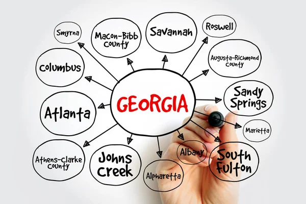 Lista Miast Gruzja Stany Zjednoczone Stan Mapie Koncepcja Prezentacji Raportów — Zdjęcie stockowe