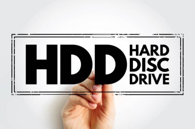 HDD Hard Disc Drive - electro-mechanical data storage device that stores and retrieves digital data, acronym text concept stamp