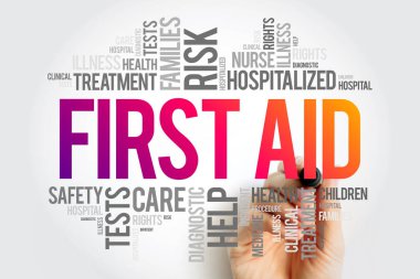 İlk yardım kelimesi bulut kolajı, sağlık konsepti geçmişi