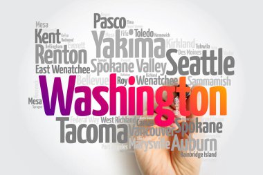 List of cities in Washington USA state, map silhouette word cloud map concept clipart