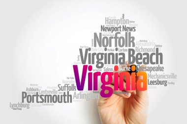Virginia 'daki şehirlerin listesi, harita silueti kelime bulut haritası konsepti