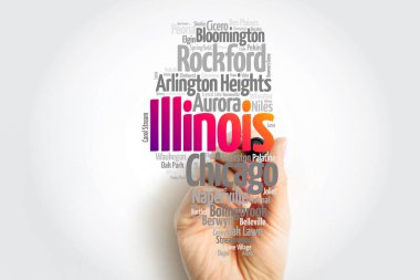 List of cities in Illinois USA state, map silhouette word cloud map concept clipart