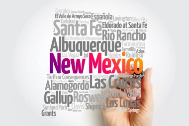 List of cities in New Mexico USA state, map silhouette word cloud, map concept background clipart