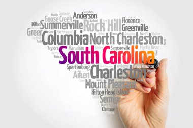 List of cities in South Carolina USA state, map silhouette word cloud, map concept background clipart