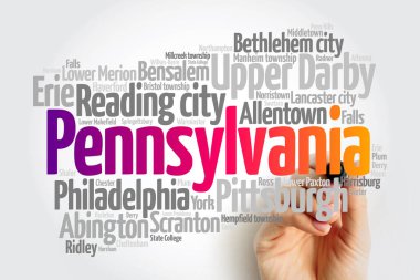 Pennsylvania 'daki şehirlerin listesi, harita silueti kelime haritası konsepti arka plan