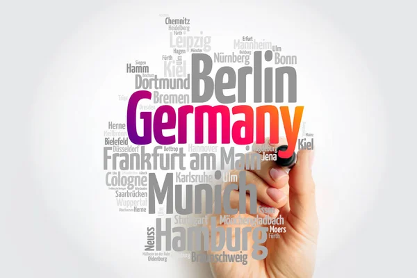 stock image List of cities in Germany, map silhouette word cloud, travel concept background