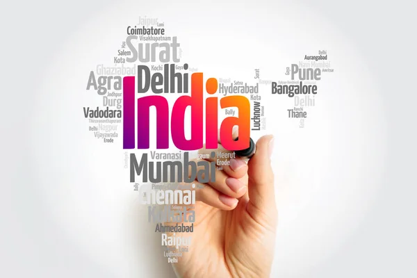 Lista Cidades Índia Mapa Silhueta Word Cloud Business Travel Concept — Fotografia de Stock
