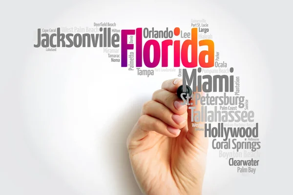 stock image List of cities in Florida USA state, map silhouette word cloud map concept