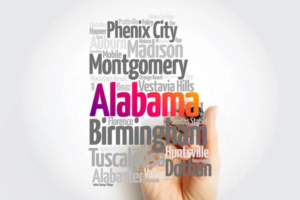 Lijst Van Steden Alabama Usa State Map Silhouet Woord Cloud — Stockfoto