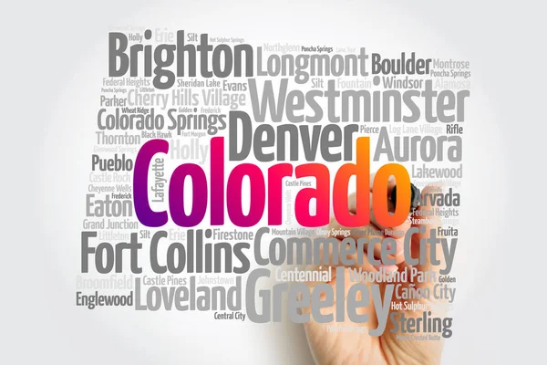 Liste Der Städte Bundesstaat Colorado Karte Silhouette Wort Wolke Karte — Stockfoto