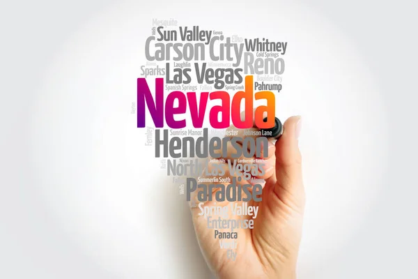 Lista Városok Nevada Usa Állam Térkép Sziluett Szó Felhő Térkép — Stock Fotó