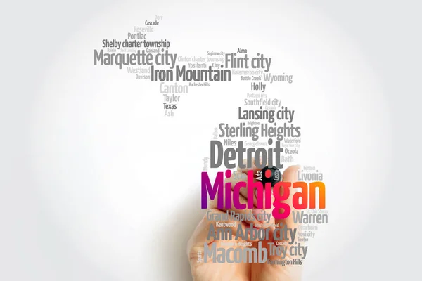 Michigan Daki Şehirlerin Listesi Harita Silueti Kelime Bulutu Harita Konsepti — Stok fotoğraf