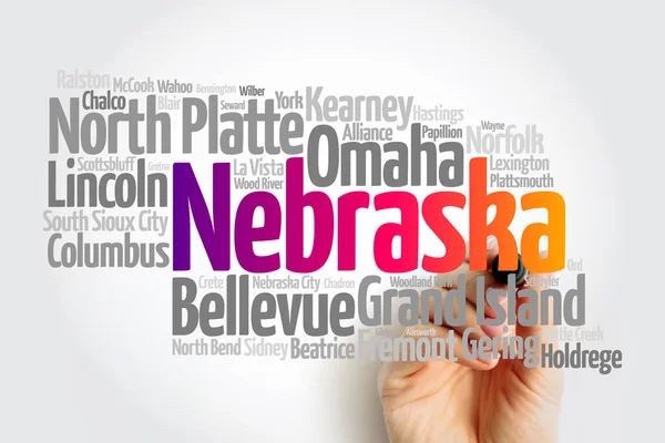 Nebraska Abd Eyaletindeki Şehirlerin Listesi Harita Silueti Kelime Bulut Haritası — Stok fotoğraf