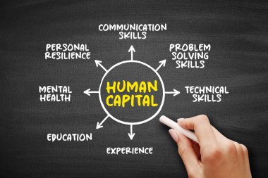 Human Capital is a concept used by social scientists to designate personal attributes considered useful in the production process, mind map concept background