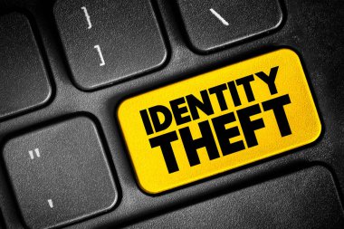 Identity theft occurs when someone uses another person's personal identifying information, to commit fraud or other crime, text button on keyboard clipart