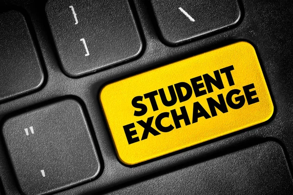 Student Exchange - program in which students from a secondary school or university study abroad at one of their institution\'s partner institutions, text button on keyboard