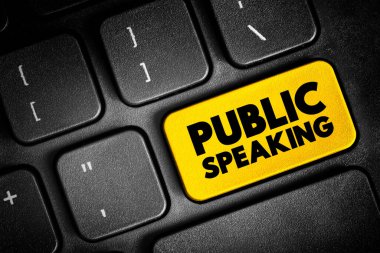 Public speaking - mean the act of speaking face to face to a live audience, text concept button on keyboard