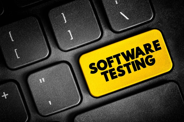Software Testing - examining the artifacts and the behavior of the software under test by validation and verification, text concept button on keyboard