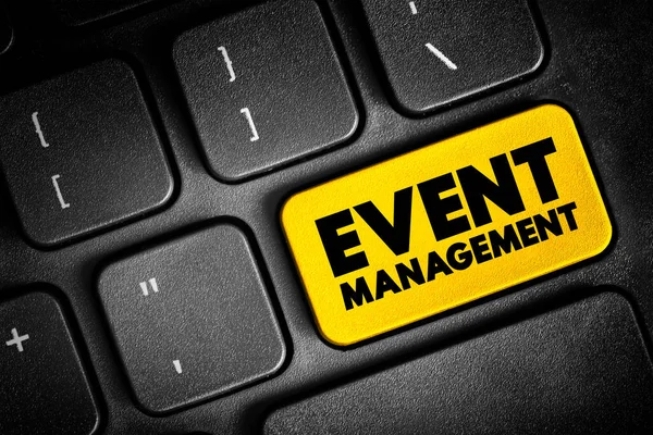 イベント管理 個人または企業のイベントの作成と開発 キーボードのテキストコンセプトボタンへのプロジェクト管理のアプリケーション — ストック写真
