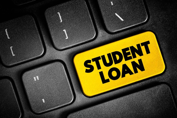 Student Loan is a type of loan designed to help students pay for post-secondary education and the associated fees, text button on keyboard, concept background