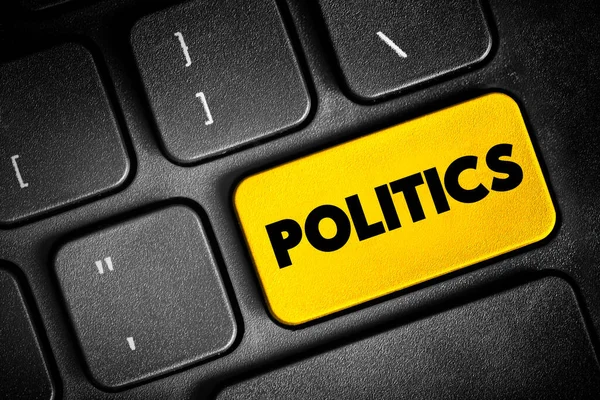 Politics is the set of activities that are associated with making decisions in groups, or other forms of power relations among individuals, text button on keyboard, concept background